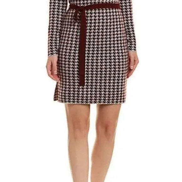 Kier +J Geena 100% Cashmere Sweater Dress Cranberry & White Houndstooth Medium - Picture 1 of 5